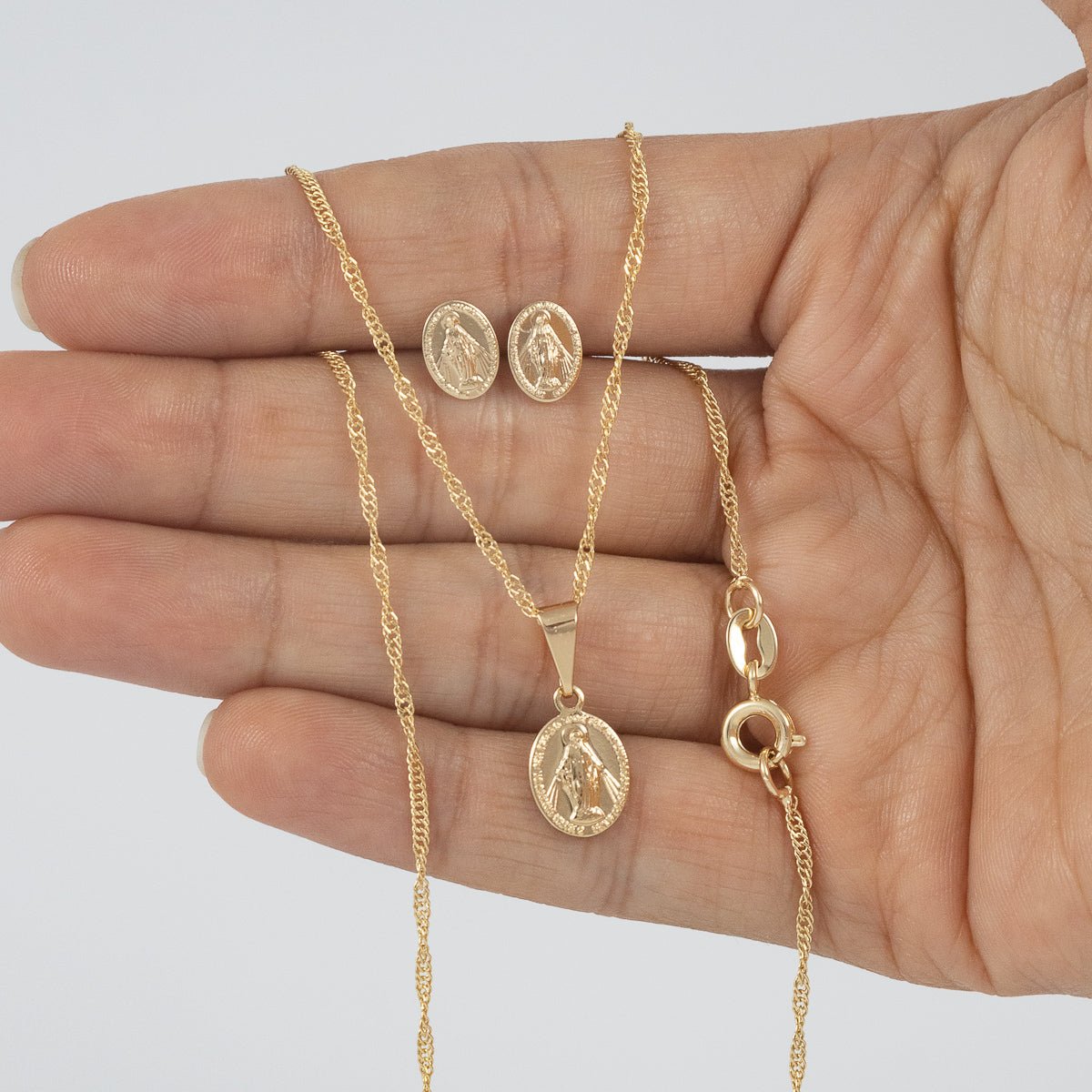 Set Virgen Milagrosa (Cadena, dije y topos) - Vibrantto Joyas y Accesorios - OC26277 - OC46033 - OC34831