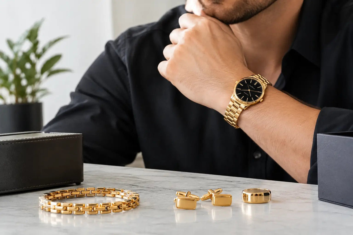 Accesorios dorados para hombre con estilo