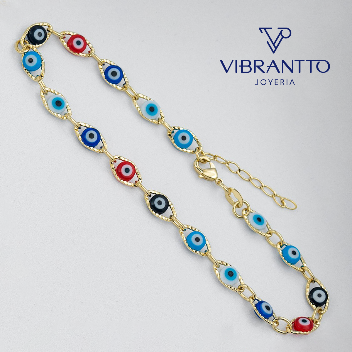 Tobillera Ojo Turco Multicolor 23 Cm + 2 Cms Extensor 1. Oro Laminado 18k - Vibrantto.com - Colombia