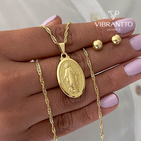 Set Medalla de la Virgen Milagrosa: Cadena Singapur + Dije + Aretes